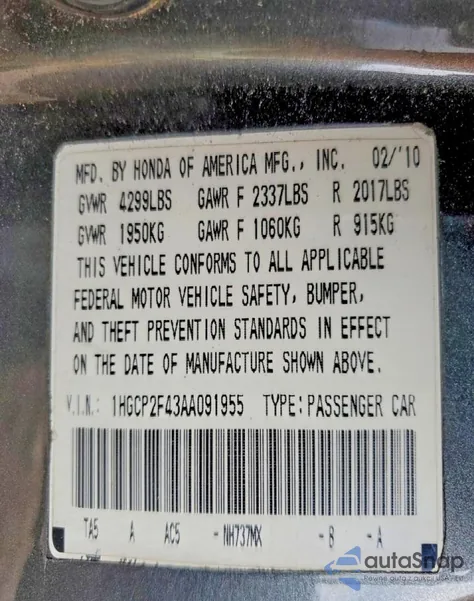 2010 Honda Accord Lxp from USA, damaged, VIN 1HGCP2F43AA091955